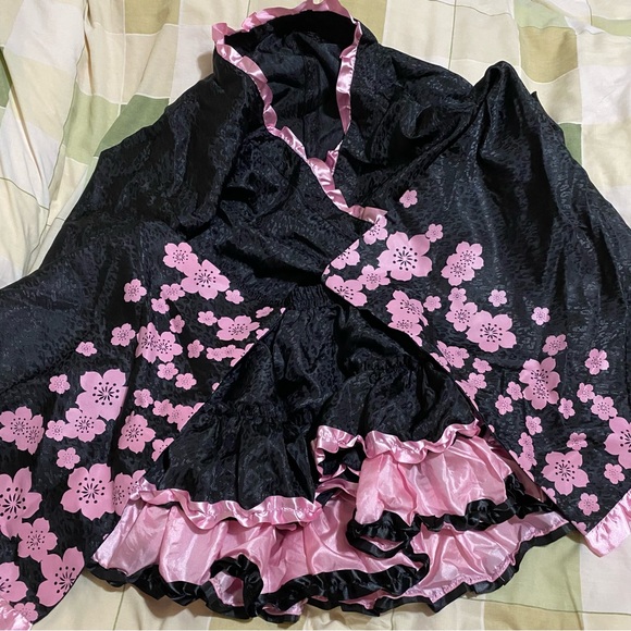 Black and Pink Sakura Kimono Three Piece Dress - Picture 2 of 7